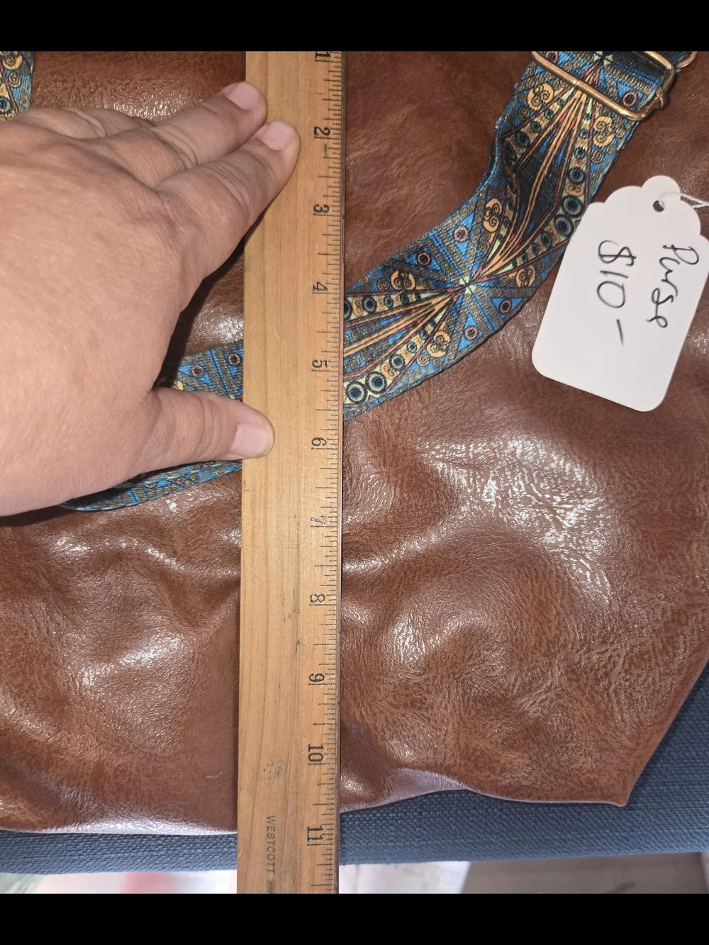 Faux Leather Crossbody Bag with Patterned Strap - Brown